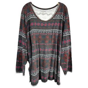 Woman Within Plus Sz 5X 38W 40W Top Gray Red Blue Floral Striped Long Sleeve 625